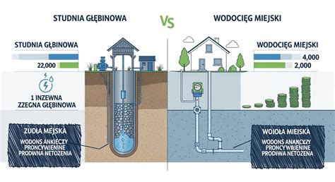 Infografika porównująca koszty budowy studni głębinowej i podłączenia do sieci wodociągowej