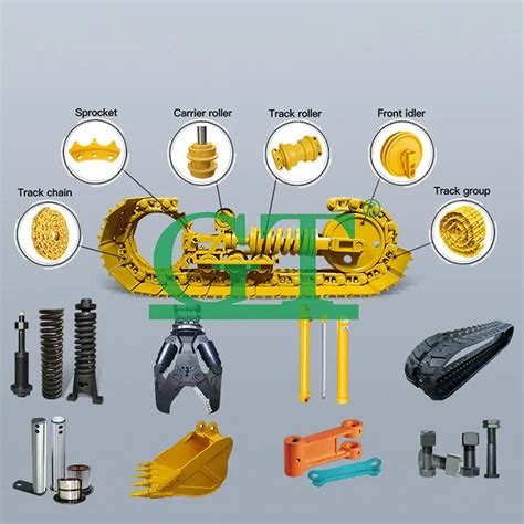Photo of aftermarket excavator parts including buckets and tracks