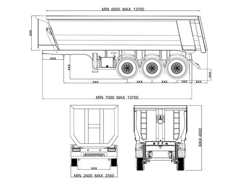 Technical diagram showing dimensions of a tipper trailer