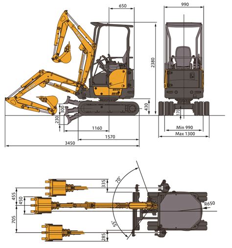 Technical diagram of Komatsu mini-excavator with dimensions