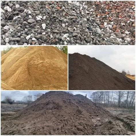 Zbiór zdjęć różnych materiałów sypkich: piasek, żwir, gruz, ziemia, kruszywo.