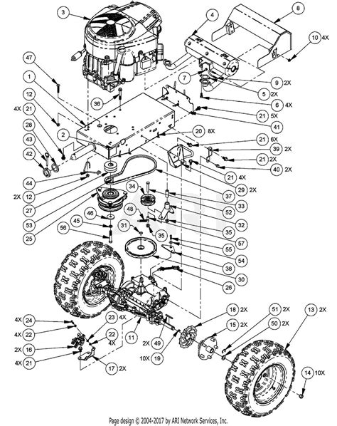 Infographic of the 4x4 drive system and engine components of the Cedrus Goliat brush cutter tractor, highlighting pressure lubrication.