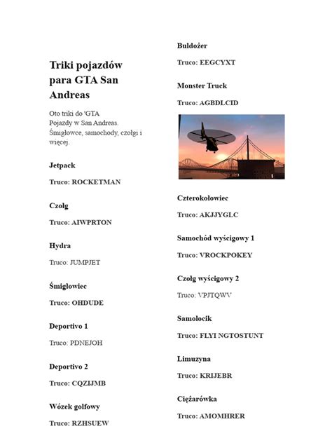 Infografika prezentująca różne typy pojazdów dostępnych w GTA San Andreas