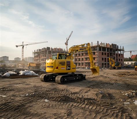 Zdjęcie przedstawiające nowoczesną koparkę Komatsu w akcji na placu budowy.