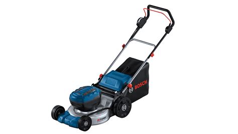 Thematic photo of a modern Bosch electric lawnmower in a well-maintained garden