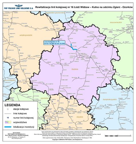 Mapa linii kolejowej nr 16 Łódź Widzew - Kutno