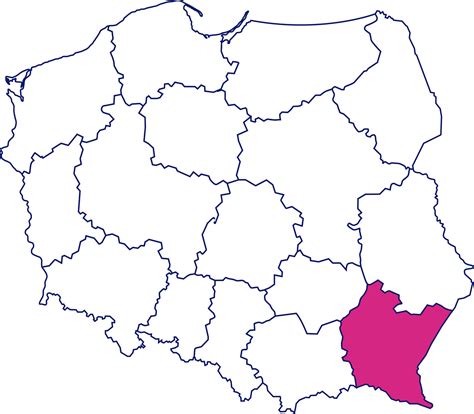 Mapa Polski z zaznaczonym województwem podkarpackim i ikonami maszyn budowlanych