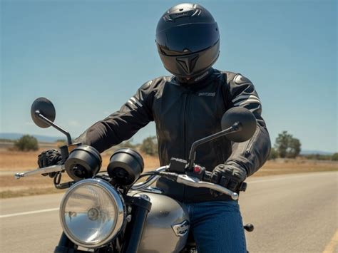 Motocyklista w pełnym stroju ochronnym (kask, kurtka, spodnie, rękawice, buty)
