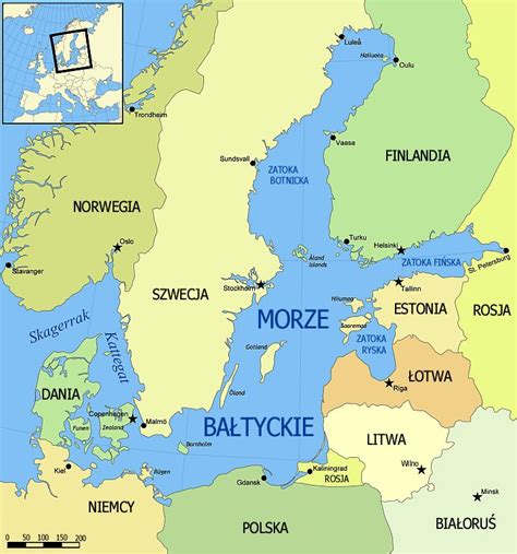 Mapa regionu Morza Bałtyckiego z zaznaczonymi państwami bałtyckimi i sąsiadującymi krajami