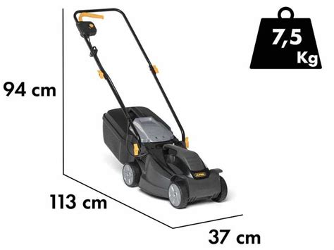Infografika lub schemat prezentujący kluczowe wymiary i funkcje kosiarki BL 320 E