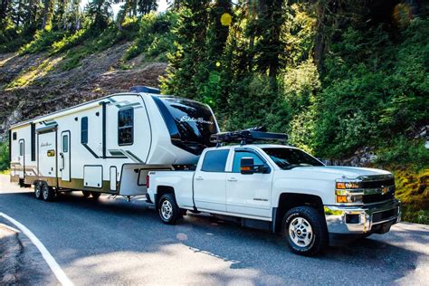 Thematic photo: American-style pickup truck with a large fifth-wheel camping trailer connected