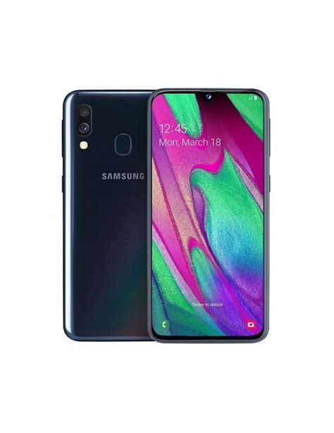 Smartfon Samsung Galaxy A40 z widocznym ekranem Super AMOLED i czytnikiem linii papilarnych