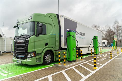 Mapa z trasą testową elektrycznej ciężarówki Scania BEV, zaznaczające punkty ładowania w Polsce, Niemczech i Danii