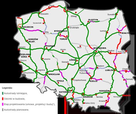 Mapa z zaznaczonymi skansenami techniki drogowej w Polsce
