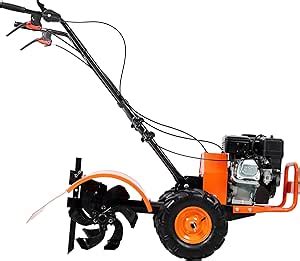 Thematic photo of a self-propelled tiller in action in a garden