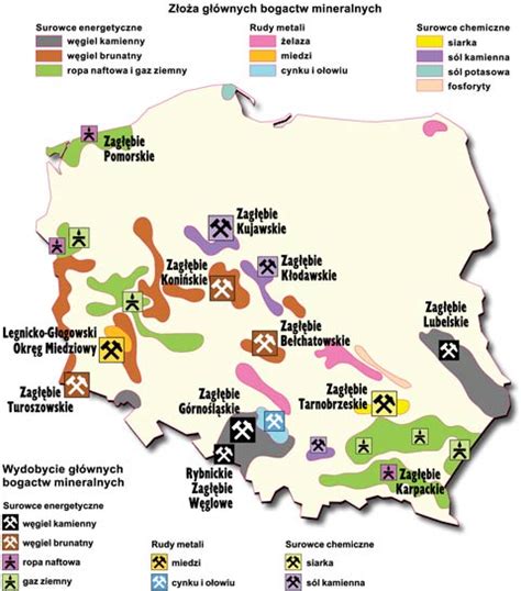mapa pokazująca lokalizacje kopalni i firm z branży w Polsce