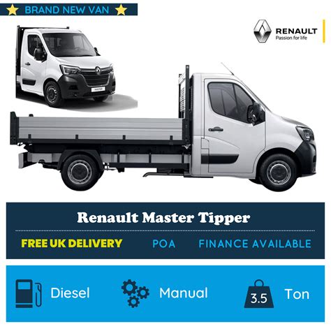 Infographic comparing dimensions and load capacities of different Renault Master tipper variants.