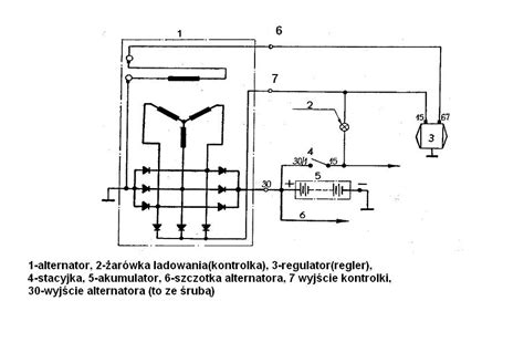 Schemat ogólnego układu ładowania w traktorku kosiarce z alternatorem i regulatorem napięcia
