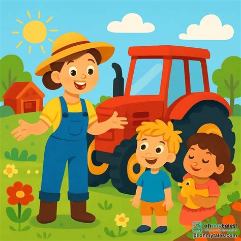 ilustracja przedstawiająca Traktora Toma z przyjaciółmi zwierzętami na farmie