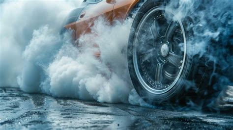 The car performs a burnout, a thick cloud of smoke rising from its tires. It's a powerful rear-wheel-drive vehicle on a dedicated track, emphasizing the intense heat and wear on tires and drivetrain. The scene conveys excitement and adrenaline of a motor show.