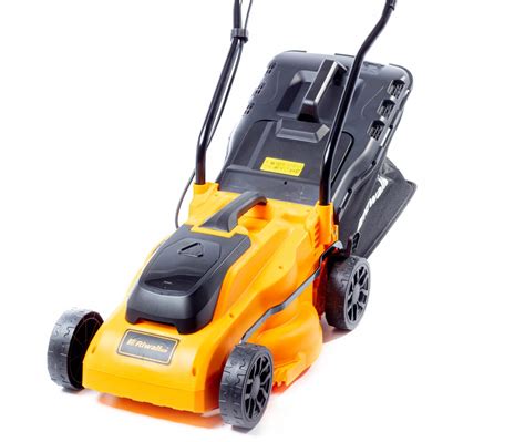 The Riwall RALM 3320i cordless lawnmower, showing its compact design and folding handle.