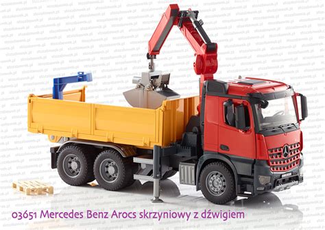 Infografika przedstawiająca funkcje wywrotki Bruder Mercedes Arocs, np. otwierane drzwi, ruchomy kiperek, składane lusterka.