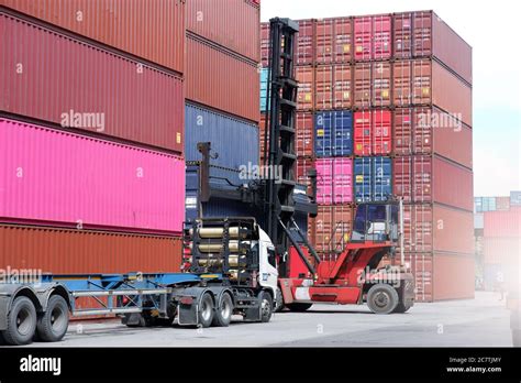 Thematic photo of various types of container handling equipment in a port.