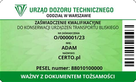 Zdjęcie przykładowej legitymacji UDT dla konserwatora wózków widłowych