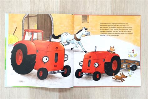 Kolorowa ilustracja Czerwonego Traktorka i jego przyjaciół na farmie