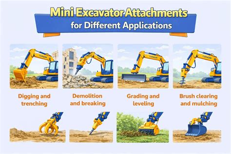 Infographic showing various applications of a mini excavator