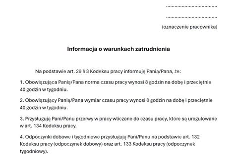 tabela z zestawieniem podstawowych warunków zatrudnienia: wynagrodzenie, godziny pracy, wymagania
