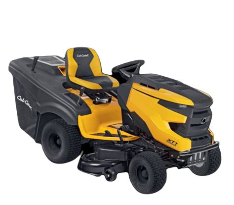 Ilustracja traktorka kosiarki Cub Cadet XT1 OR95 na tle zadbanego ogrodu