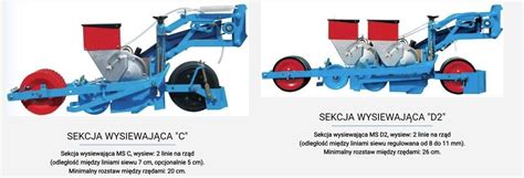 Różne typy sekcji wysiewających Monosem serii MS do warzyw, prezentujące ich konstrukcję i funkcje (MS C, MS D2, MS A).