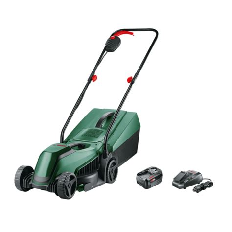 Thematic photo of a person easily maneuvering a Bosch cordless lawn mower in a small urban garden.