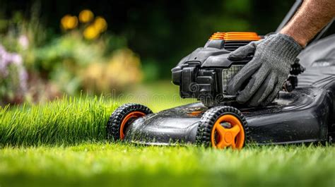 Happy gardener using a Master Cut lawnmower in a well-maintained garden