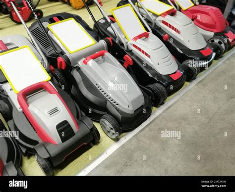 Thematic photo of garden equipment, such as mowers and trimmers, in a rental setting