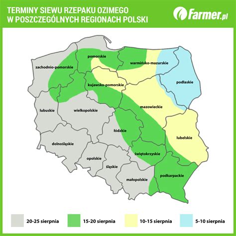 Mapa Polski z zaznaczonymi optymalnymi terminami siewu jęczmienia ozimego dla różnych regionów