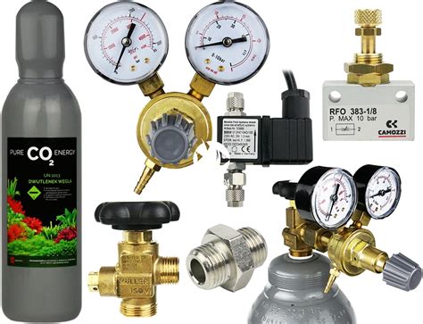 Schemat budowy reduktora CO2 z zaznaczonymi komponentami: manometr, elektrozawór, zaworek precyzyjny, licznik bąbelków