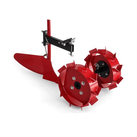 Infographic showing different attachments for a tiller, such as a plow, ridger, and metal wheels