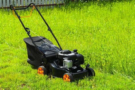 Thematic photo of a modern gasoline lawn mower in a well-maintained garden