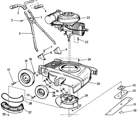 Maintenance diagram for a gasoline lawn mower (checking oil, cleaning filter, sharpening blade)