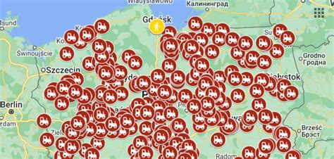 Mapa z zaznaczonymi miejscami planowanych blokad dróg podczas protestów rolniczych