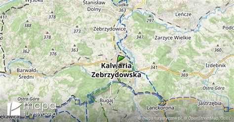 Mapa z zaznaczonymi miejscowościami Lanckorona, Kalwaria Zebrzydowska, Sułkowice, Biertowice