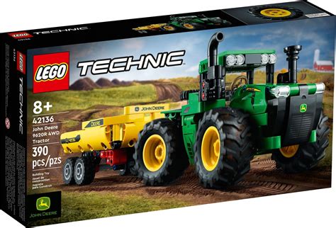 Zdjęcie przedstawiające model traktora LEGO Technic John Deere 9620R 4WD z przyczepą