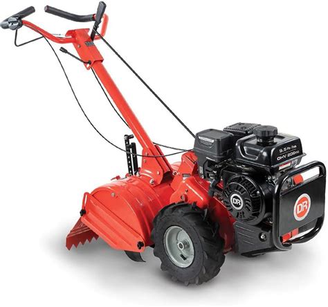 Thematic photo of a compact rototiller working in a home garden, showing its Italian design