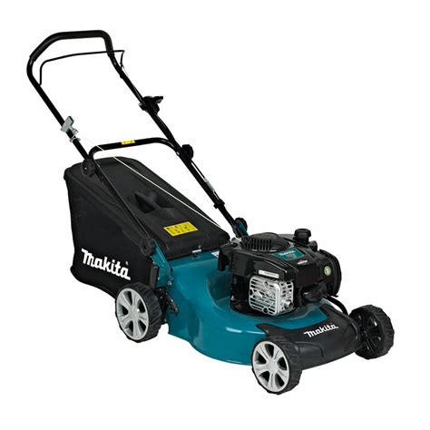 Thematic photo of a Makita PLM4618 petrol lawn mower in action on a lawn