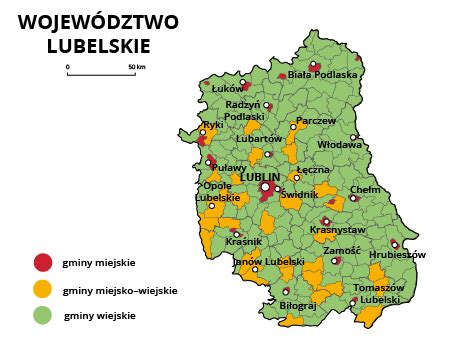 Mapa województwa lubelskiego z zaznaczonymi miastami, gdzie dostępne są ogłoszenia rolnicze