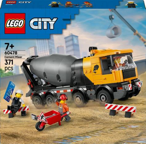 Thematic photo of LEGO City Cement Mixer 60478 with minifigures at a construction site