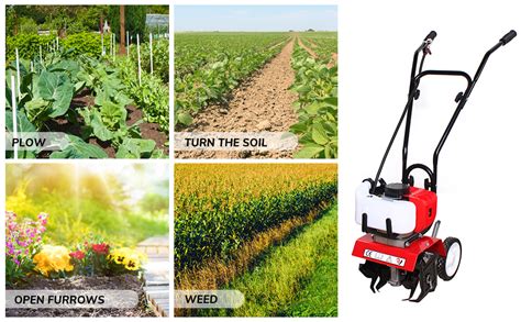 Thematic photo of a person working in a garden with a cultivator or tiller, showing healthy soil