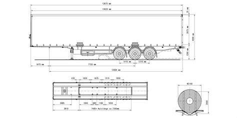 Schemat budowy naczepy wywrotki z zaznaczeniem siłownika hydraulicznego, ramy, układu osi oraz mechanizmu otwierania klapy tylnej.